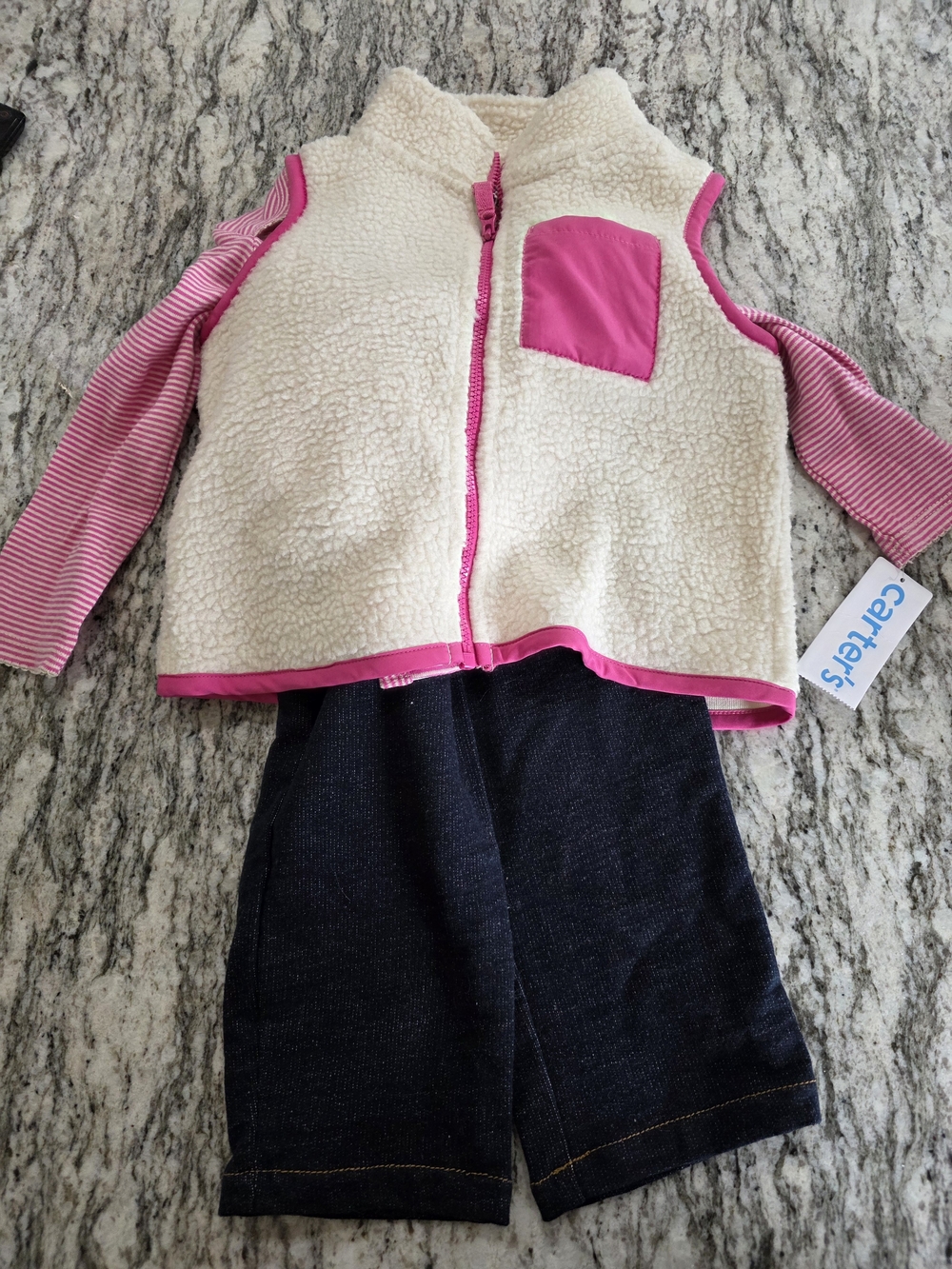 Carter's Cream Sherpa Vest with Pink Trim and Pocket 18 Monfhs
